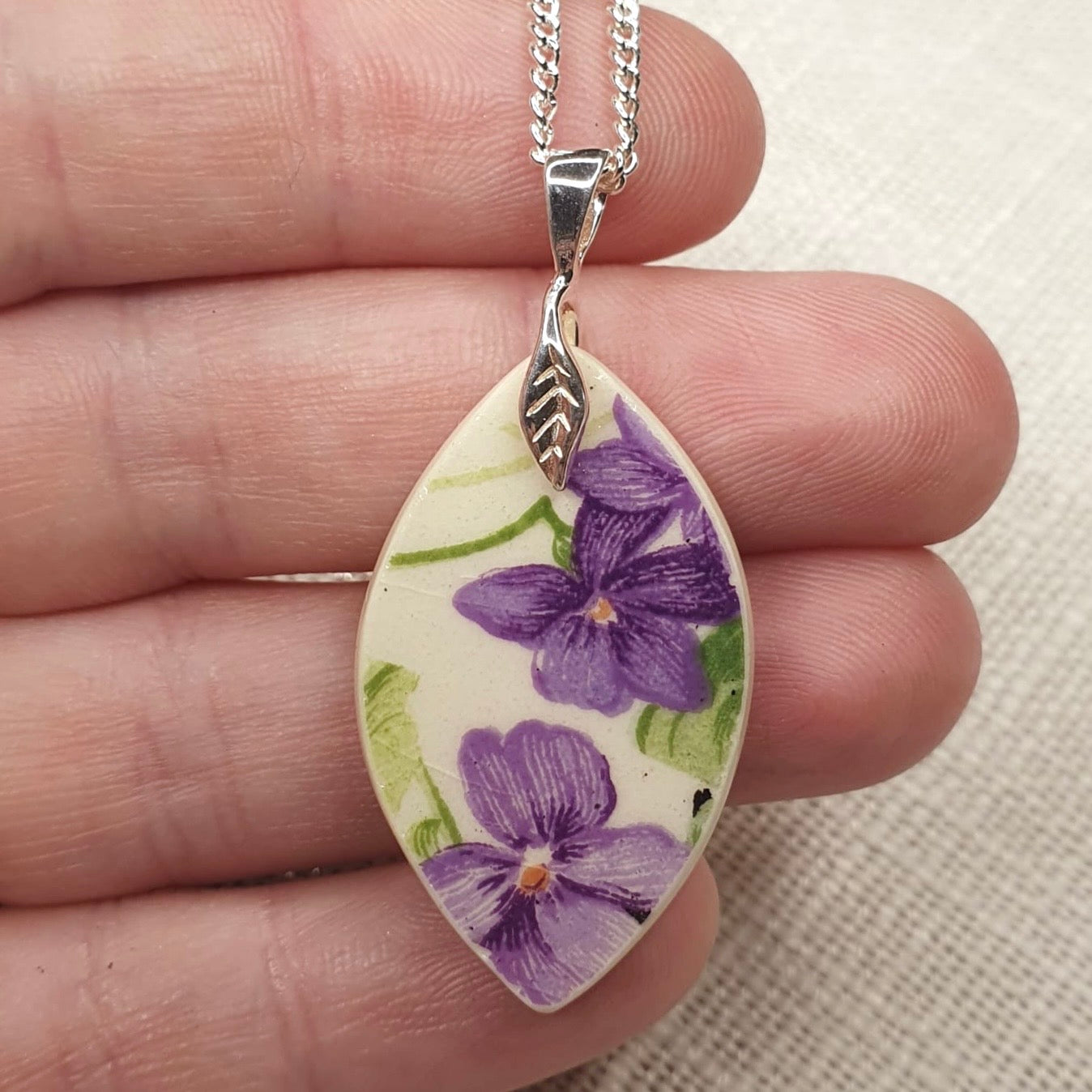 1930’s Sterling Silver Royal Doulton Violets Pendant Necklace