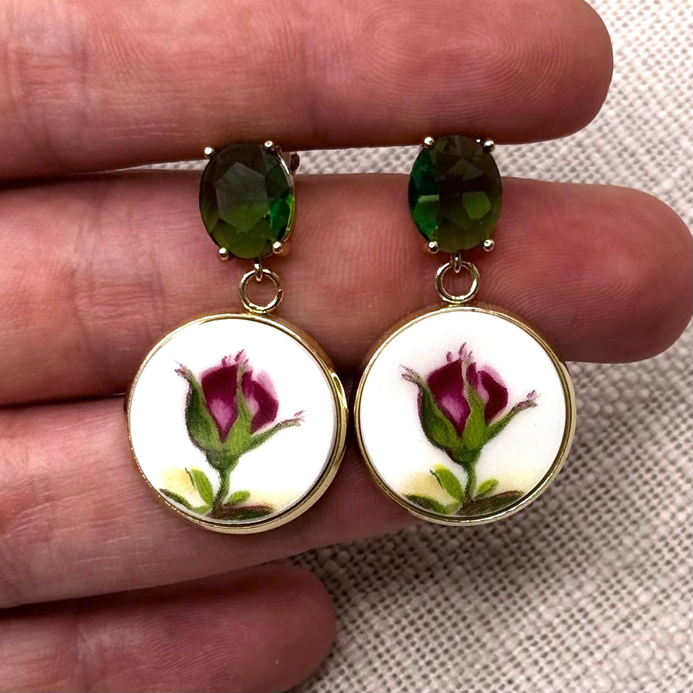 1962 Royal Albert ‘Old Country Roses’ Stud Dangly Earrings YG Green M
