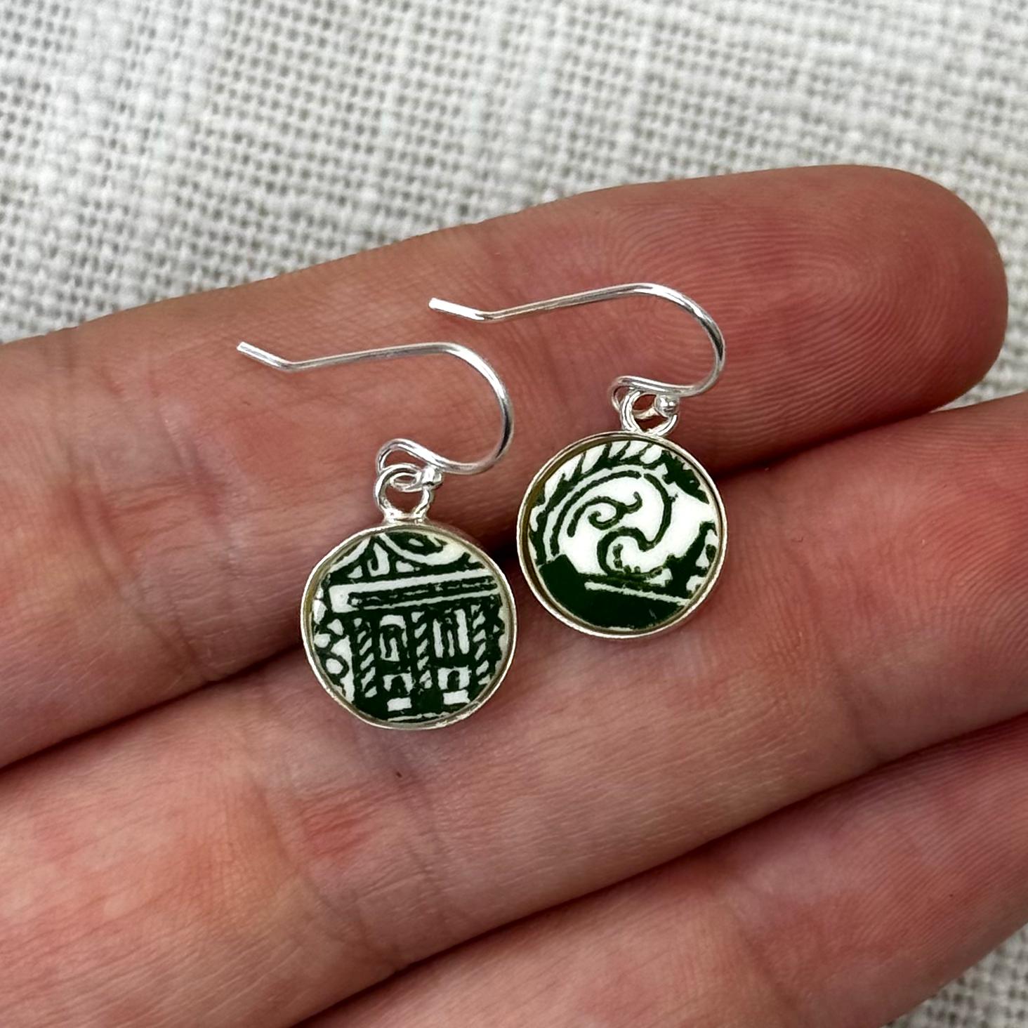 1940’s Sterling Silver Green Willow Ware Dangly Earrings