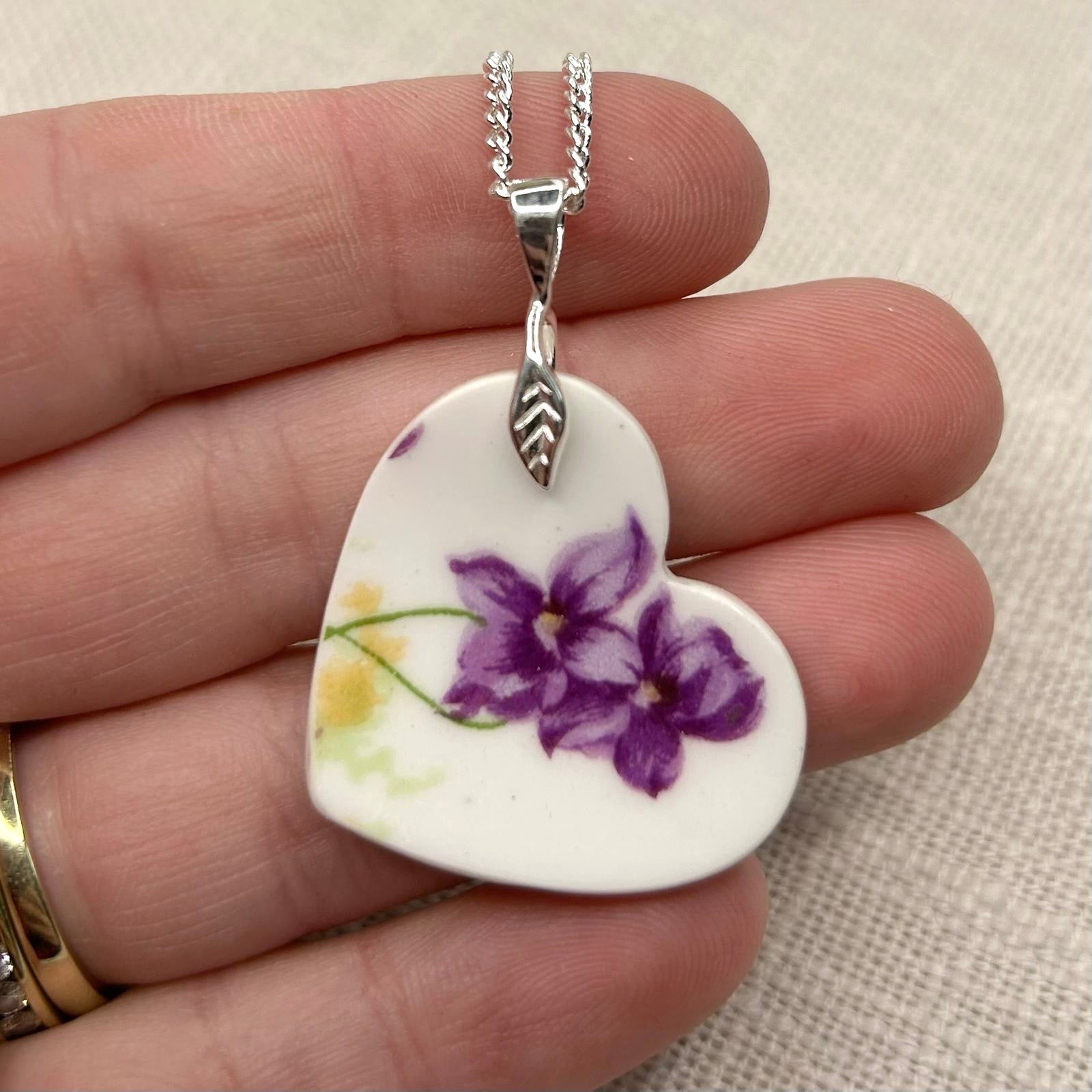 1940’s Duchess China Heart Shaped Pendant Necklace Sterling Silver