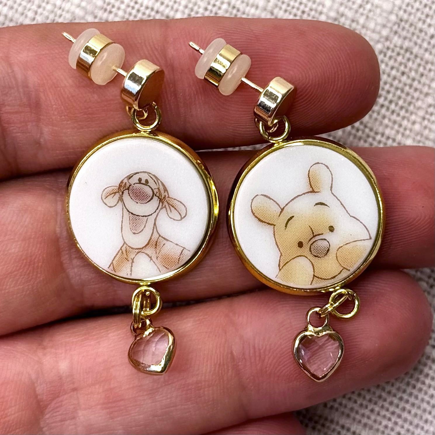 Winnie The Pooh and Tigger Stud Dangly Earrings YG Clear Hearts M