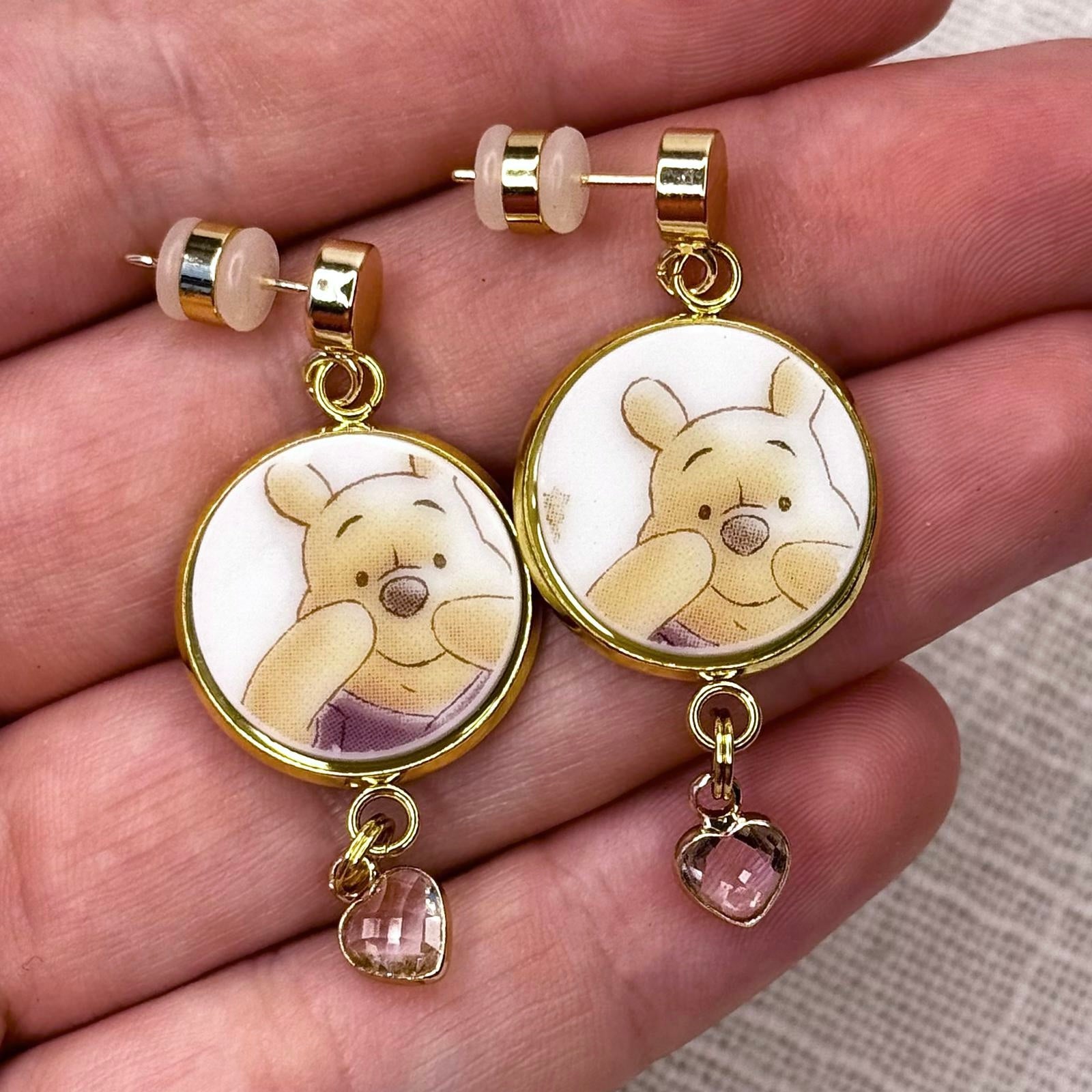Winnie The Pooh Stud Dangly Earrings YG Clear Heart M