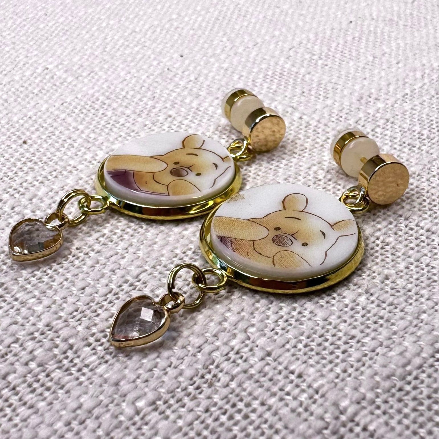 Winnie The Pooh Stud Dangly Earrings YG Clear Heart M