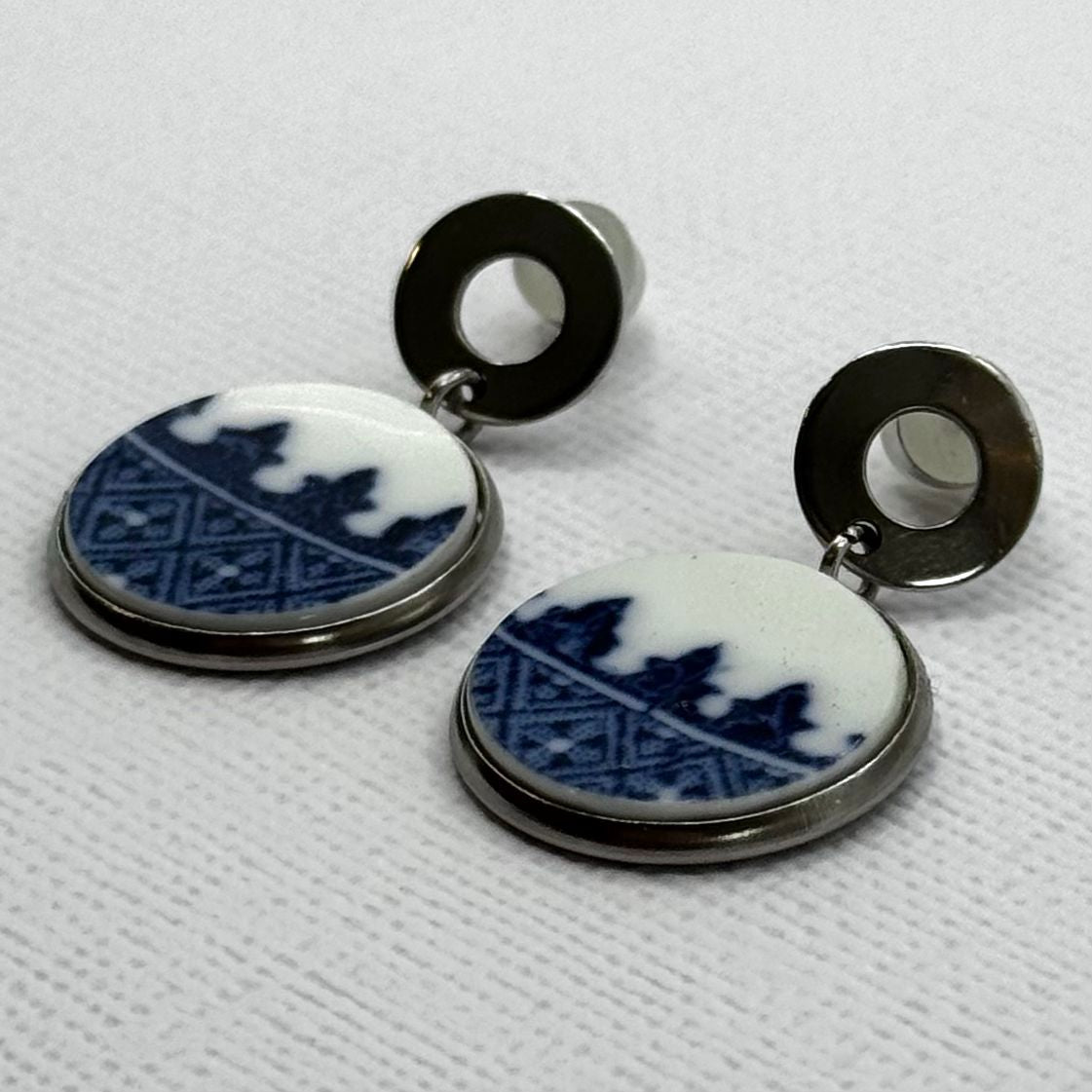 Reclaimed China Wedgwood Broken Plate Stud Earrings Silver