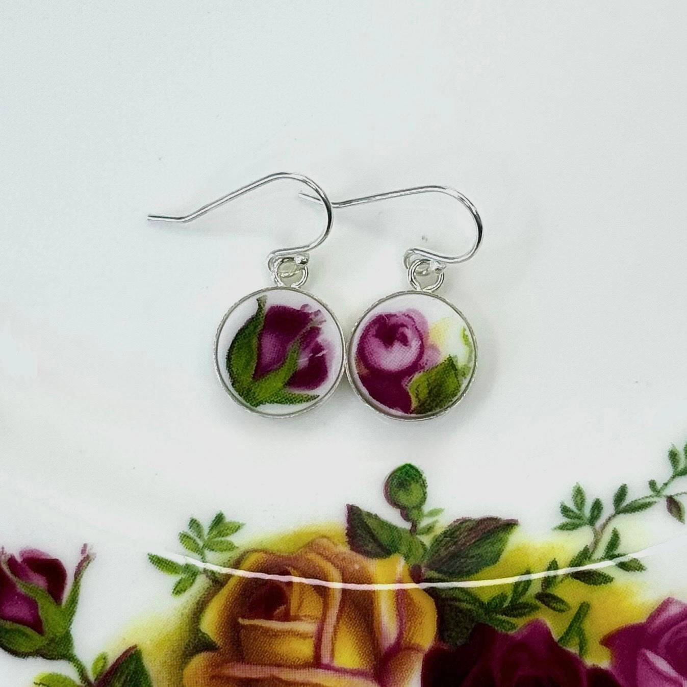 1962 Sterling Silver Royal Albert ‘Old Country Roses’ Dangly Earrings