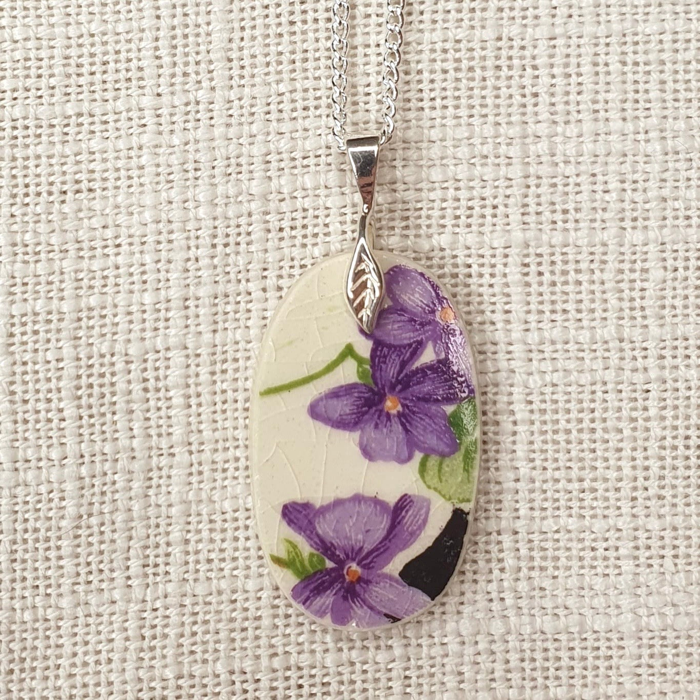 1930’s Sterling Silver Royal Doulton Violets Pendant Necklace