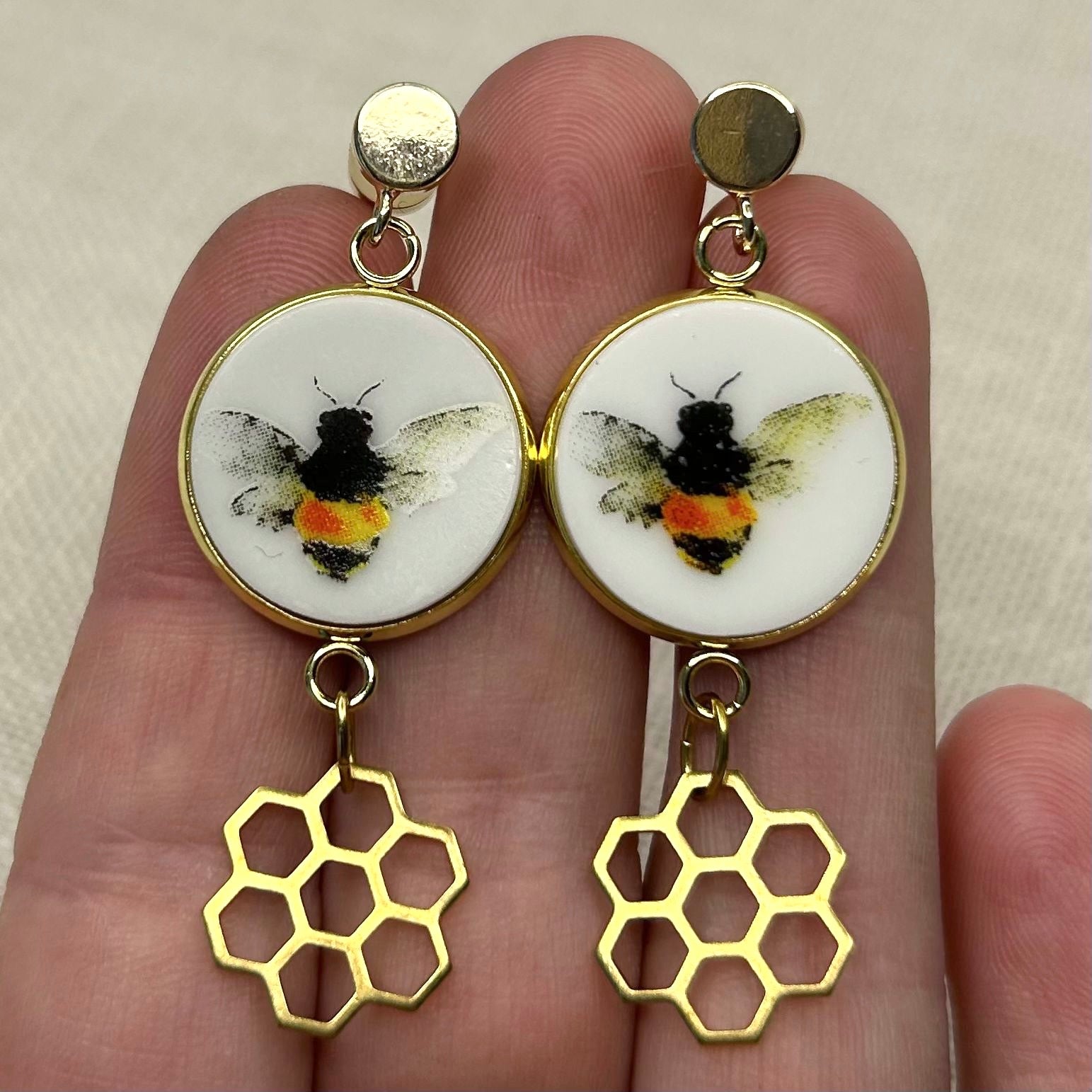 Bee Bumblebee Stud Dangly Earrings Honeycomb Y