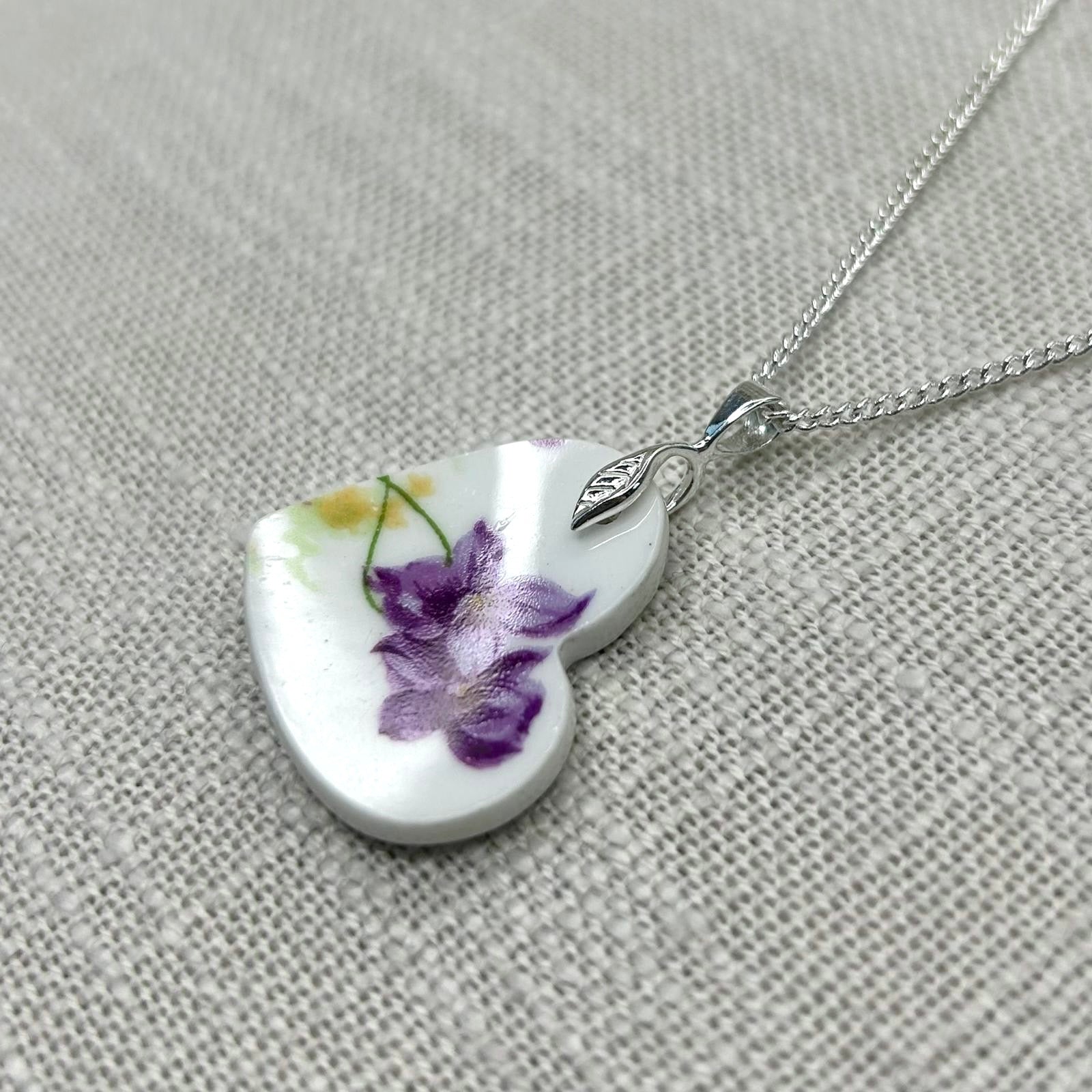 1940’s Duchess China Heart Shaped Pendant Necklace Sterling Silver