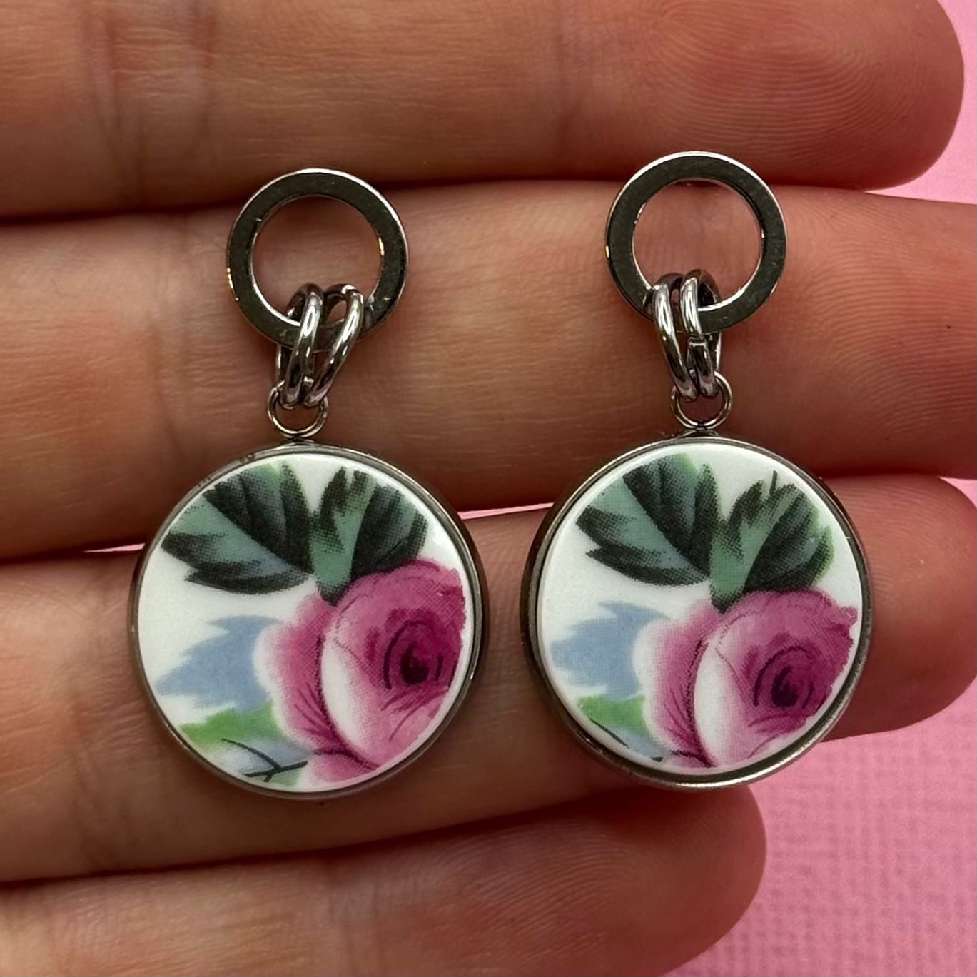 1950s Duchess China Broken Plate Dangly Earrings Silver
