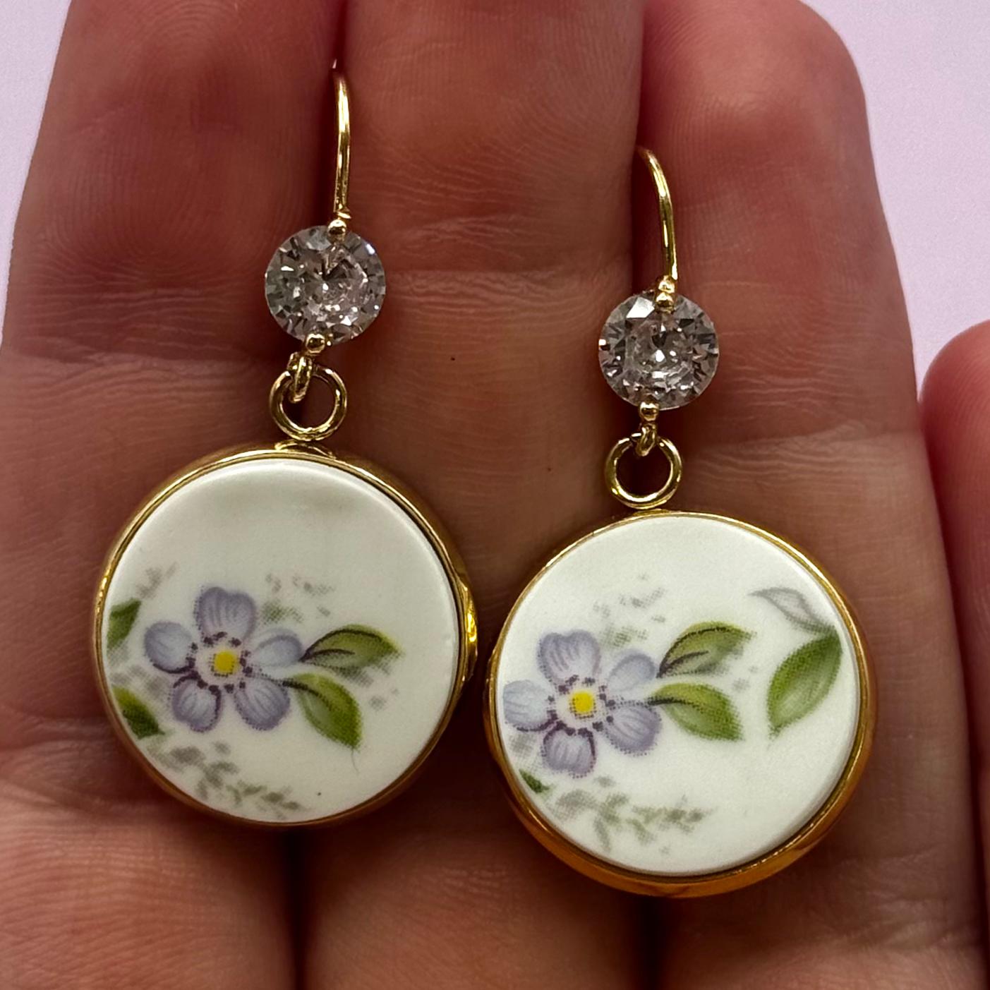 1980s Elizabethan China Broken Plate Hook Earrings Yellow Gold