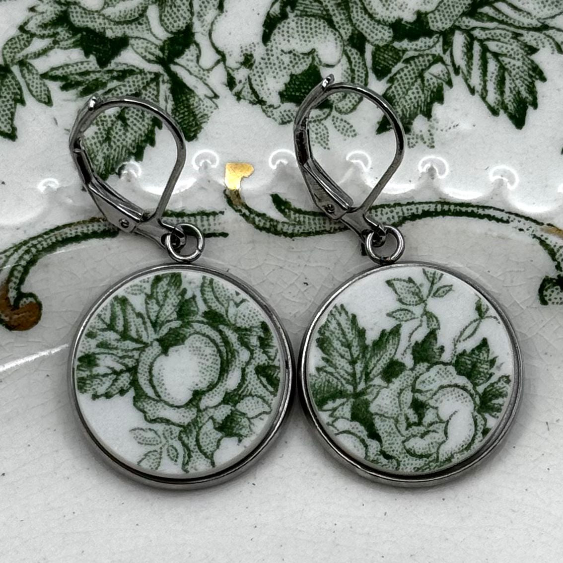 1891-1920 Ridgways Rose Recycled China Leverback Earrings Silver
