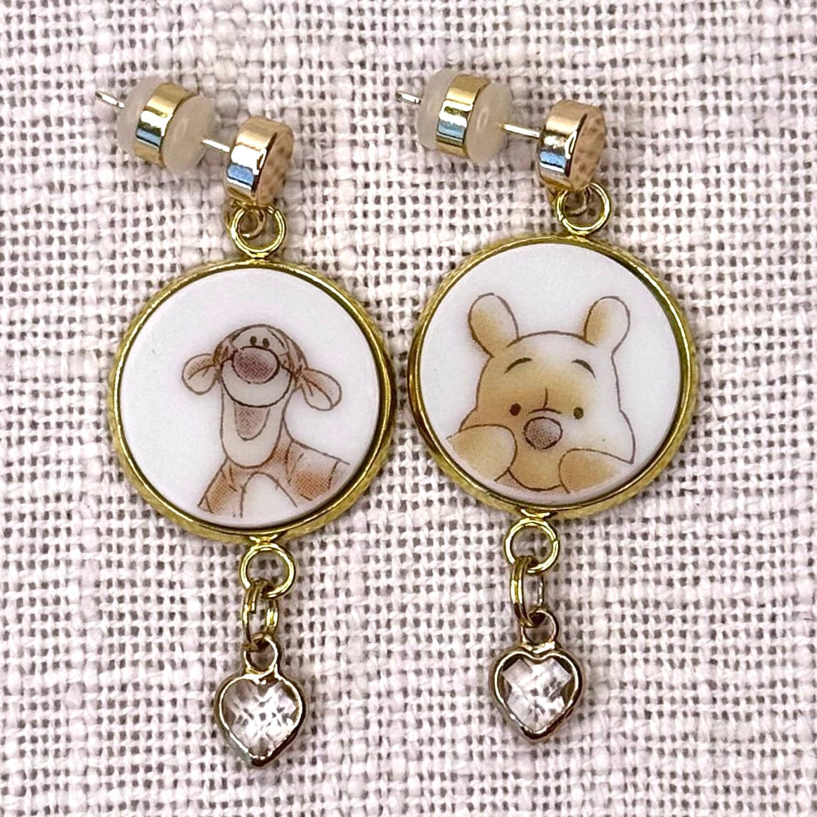 Winnie The Pooh and Tigger Stud Dangly Earrings YG Clear Hearts M