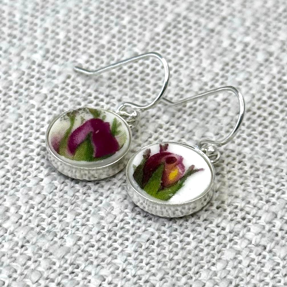 1962 Sterling Silver Royal Albert Old Country Roses Dangly Earrings