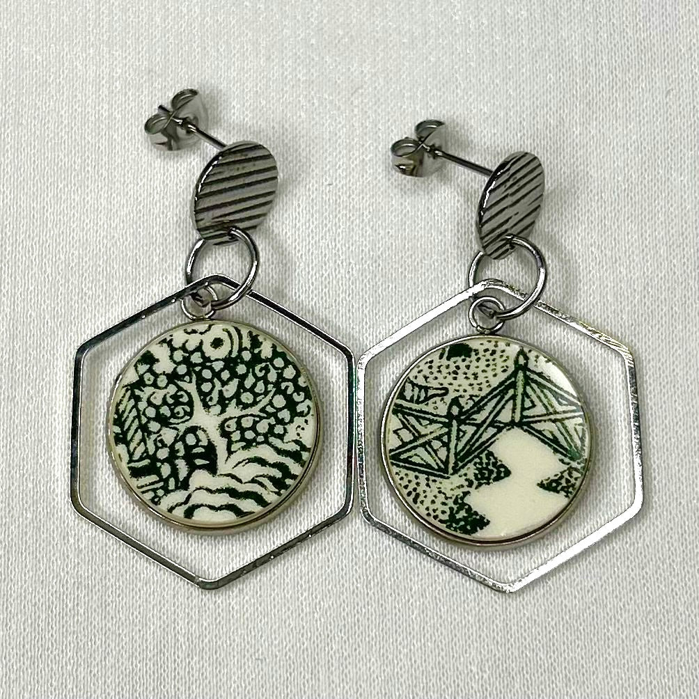 Green Willow Ware by Royal China Stud Dangly Earrings SM