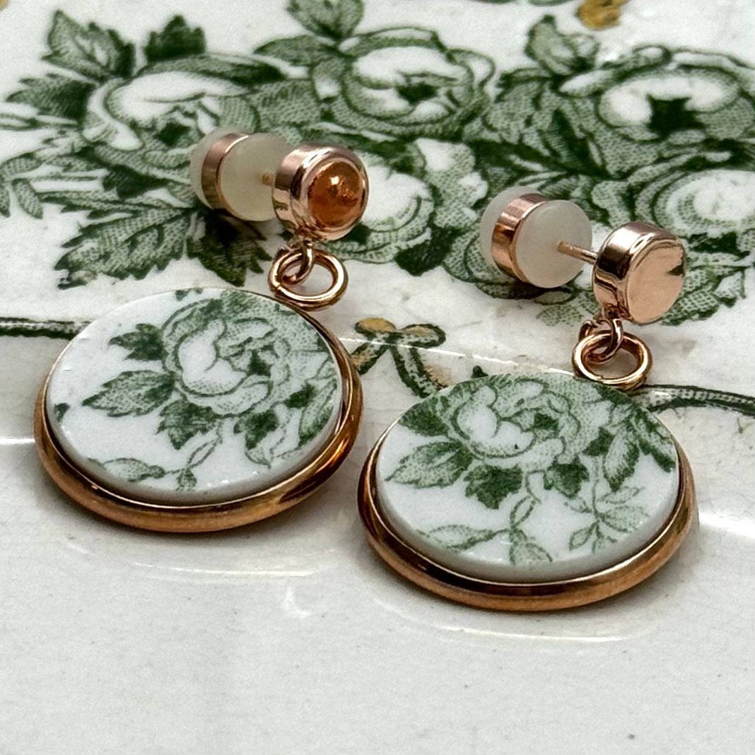 1891-1920 Ridgways Rose Broken China Stud Earrings Rose Gold