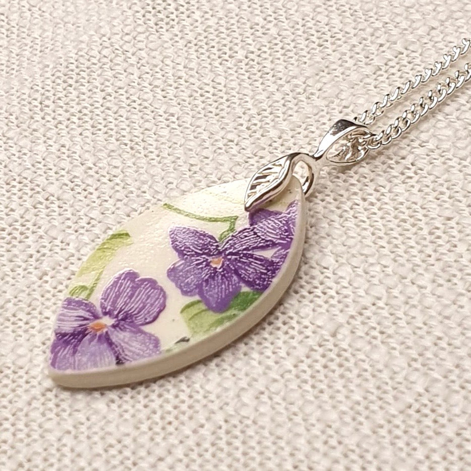 1930’s Sterling Silver Royal Doulton Violets Pendant Necklace