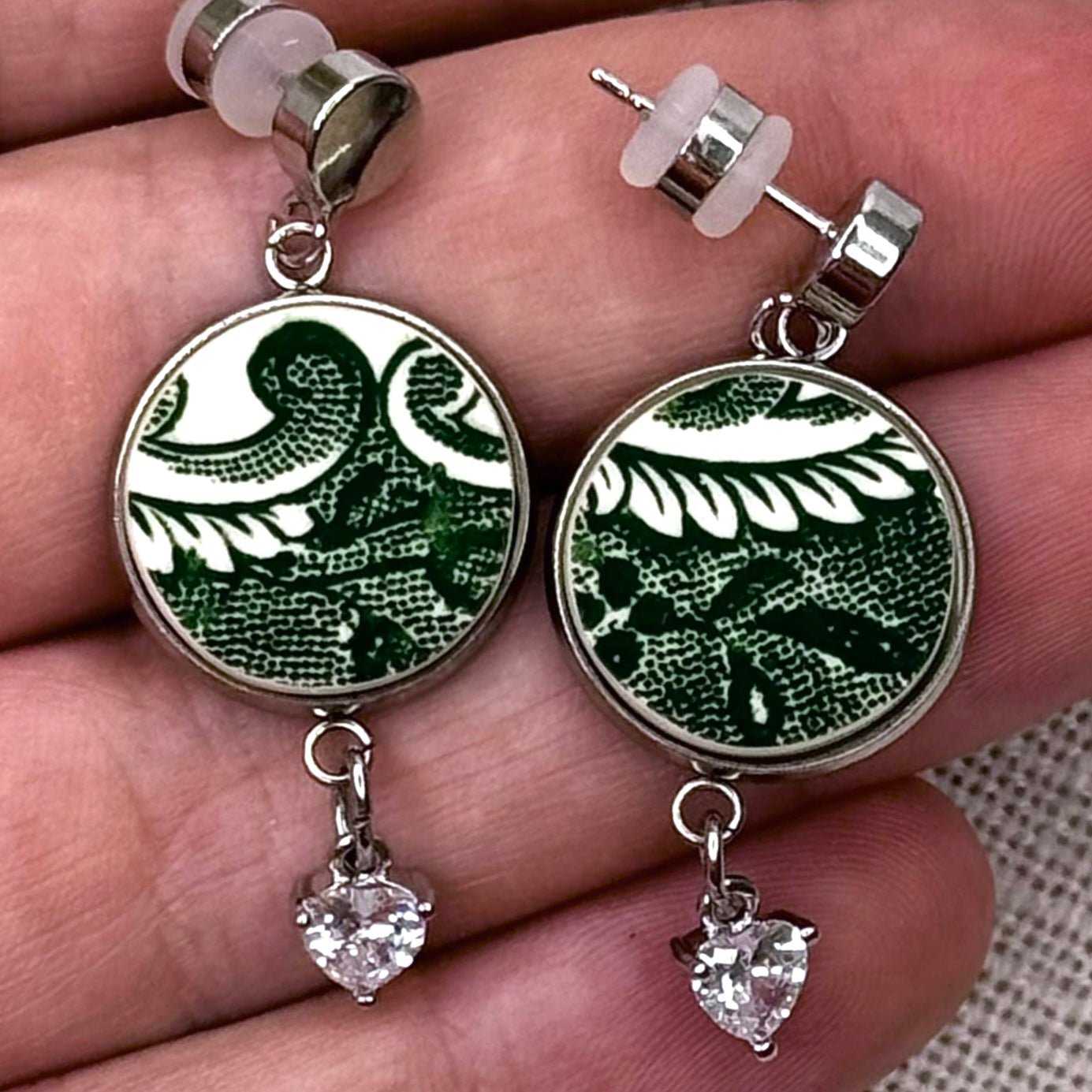 1960’s English Ironstone Stud Dangly Earrings Heart Charm S