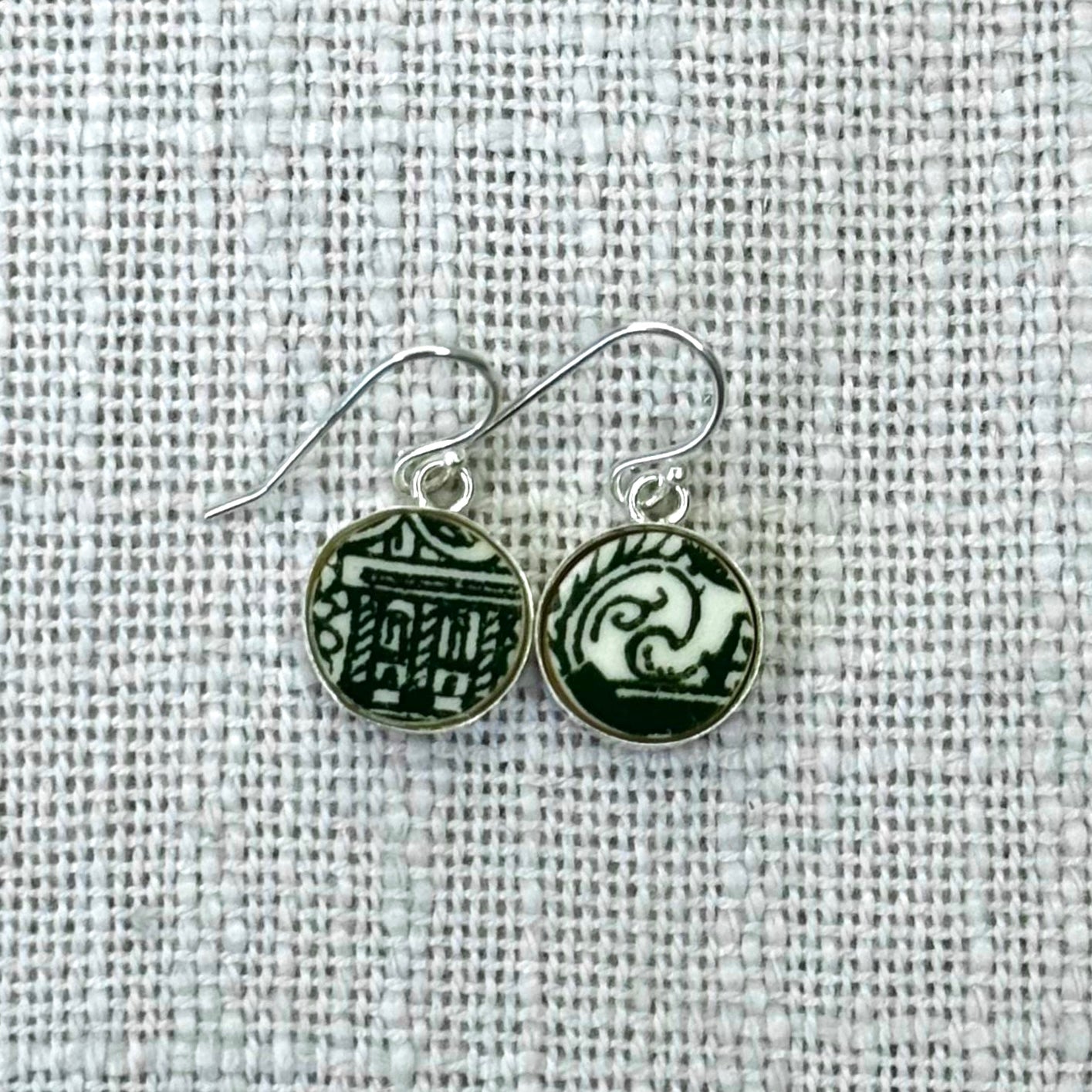 1940’s Sterling Silver Green Willow Ware Dangly Earrings