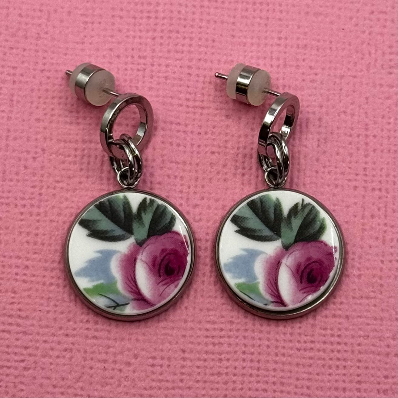 1950s Duchess China Broken Plate Dangly Earrings Silver