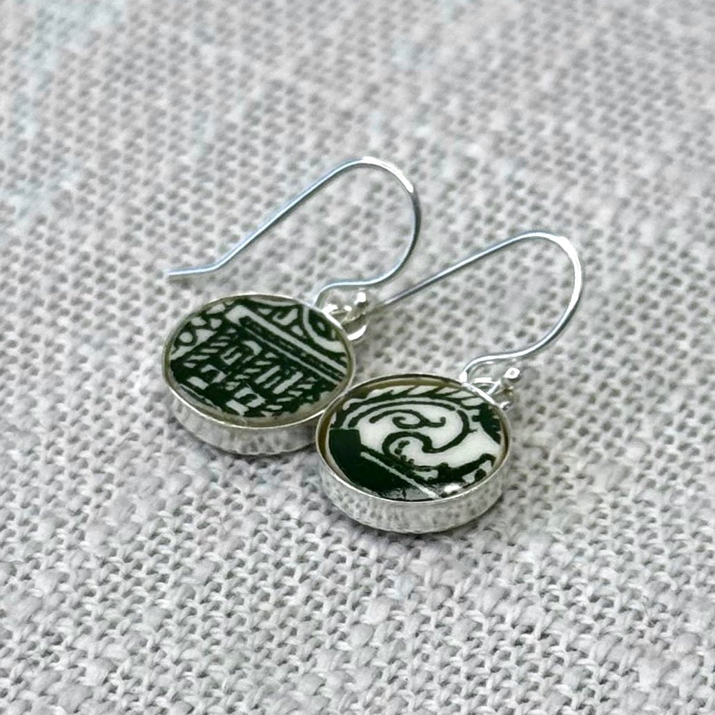 1940’s Sterling Silver Green Willow Ware Dangly Earrings