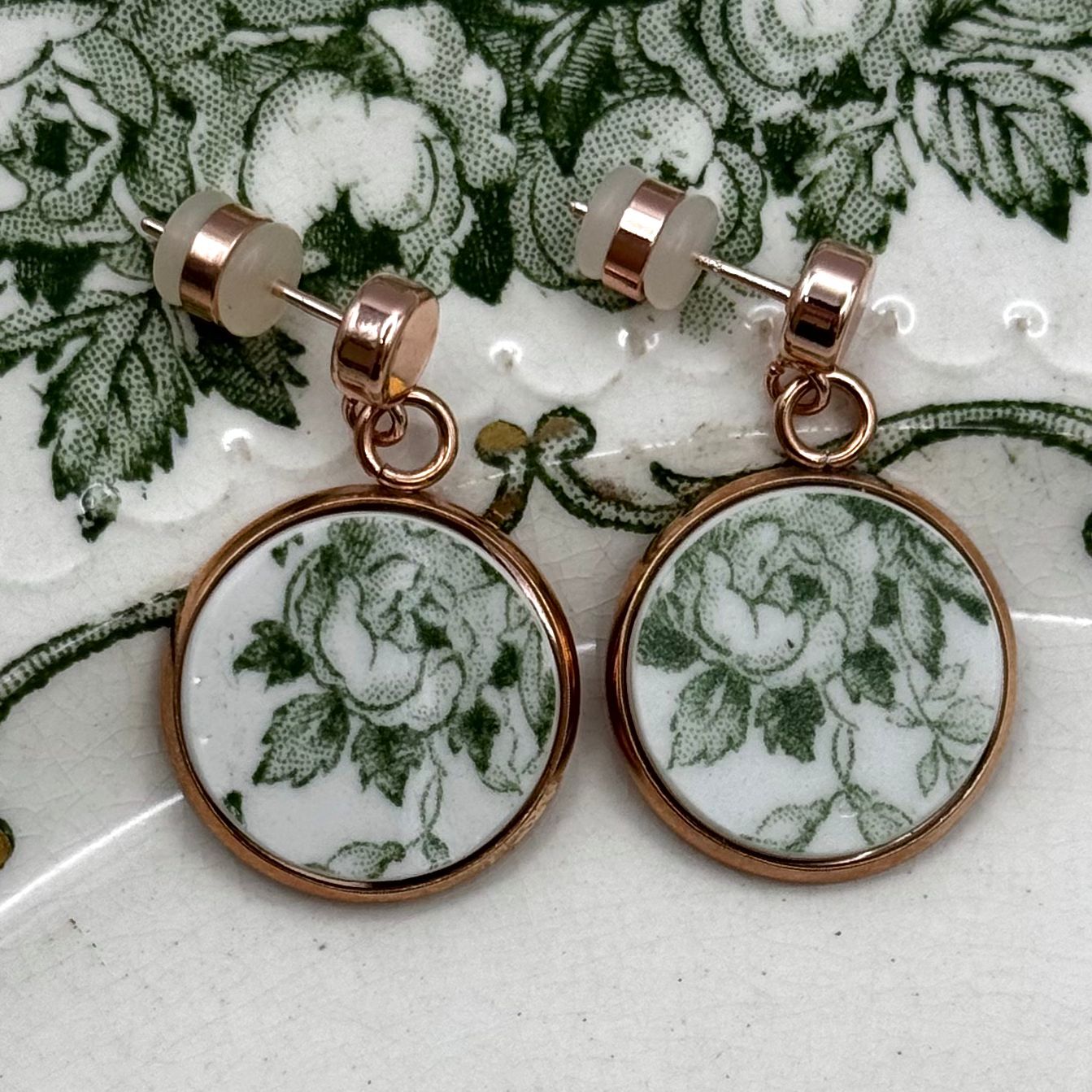 1891-1920 Ridgways Rose Broken China Stud Earrings Rose Gold