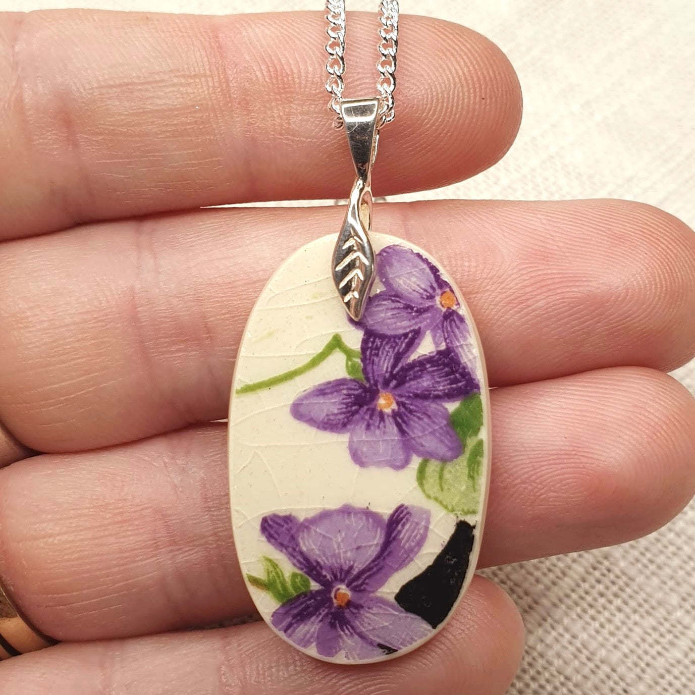 1930’s Sterling Silver Royal Doulton Violets Pendant Necklace