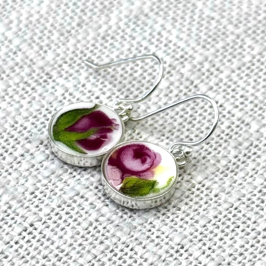 1962 Sterling Silver Royal Albert Old Country Roses Dangly Earrings