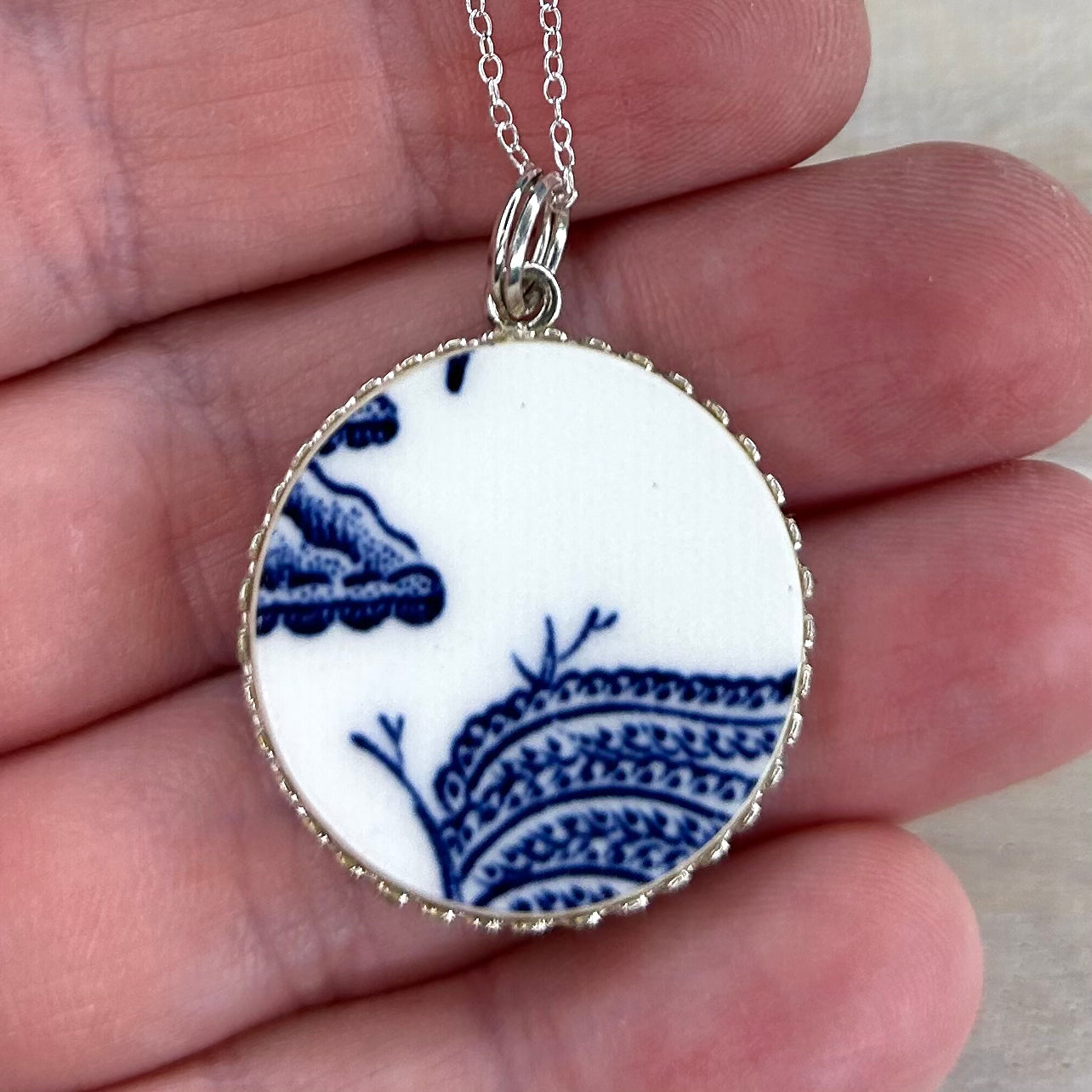 Sterling Silver 1960/70’s Blue Willow Pendant Necklace