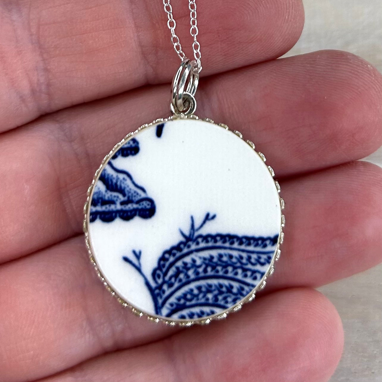 Sterling Silver 1960/70’s Blue Willow Pendant Necklace