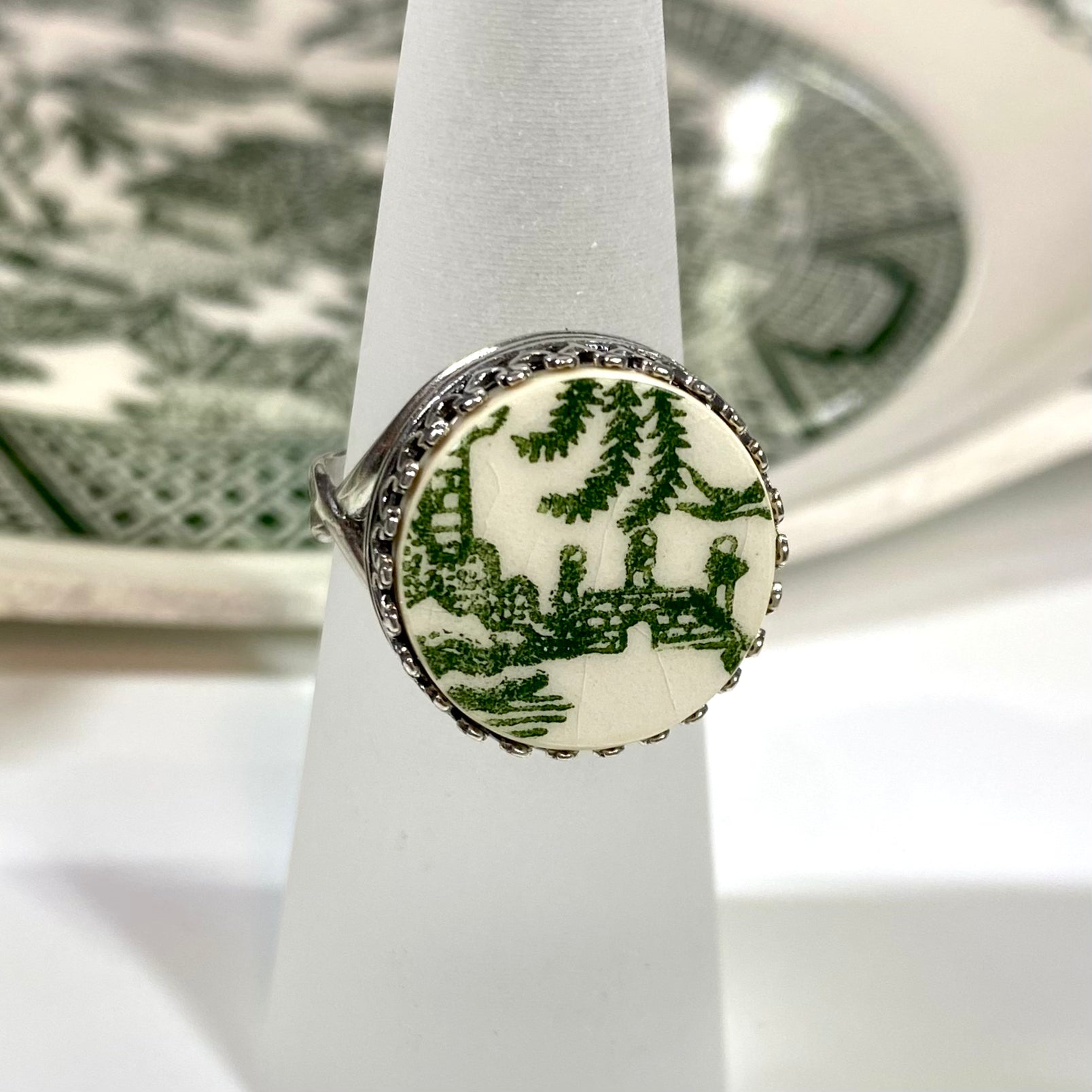 Sterling Silver Green Willow Ware by Royal China Adjustable Ring