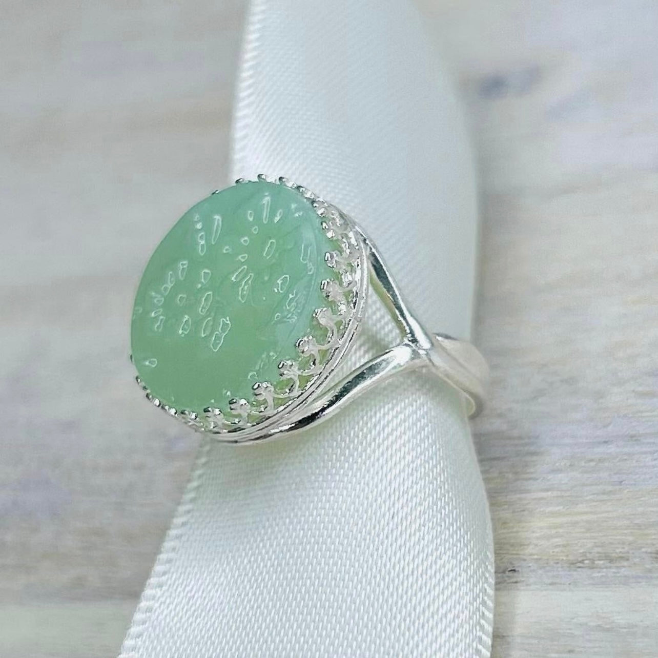 1940’s Sterling Silver Fire King ‘Jadeite’ Ring
