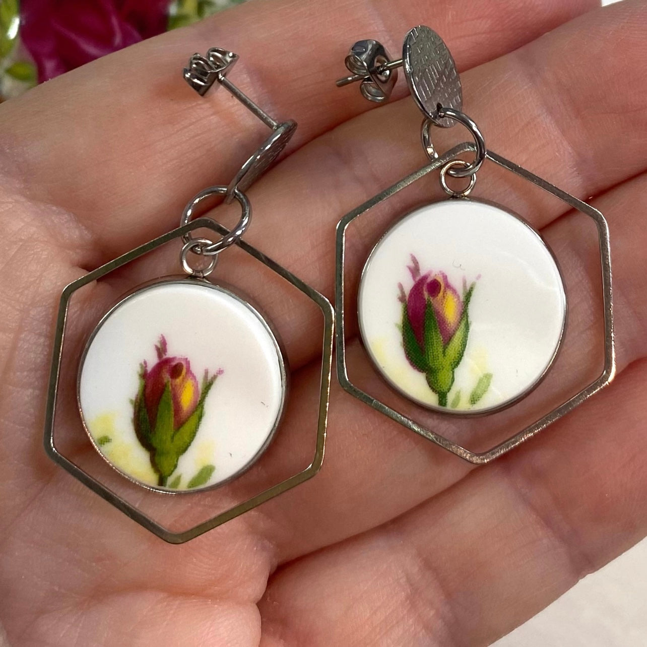 1962 Royal Albert ‘Old Country Roses’ Stud Dangly Earrings Silver
