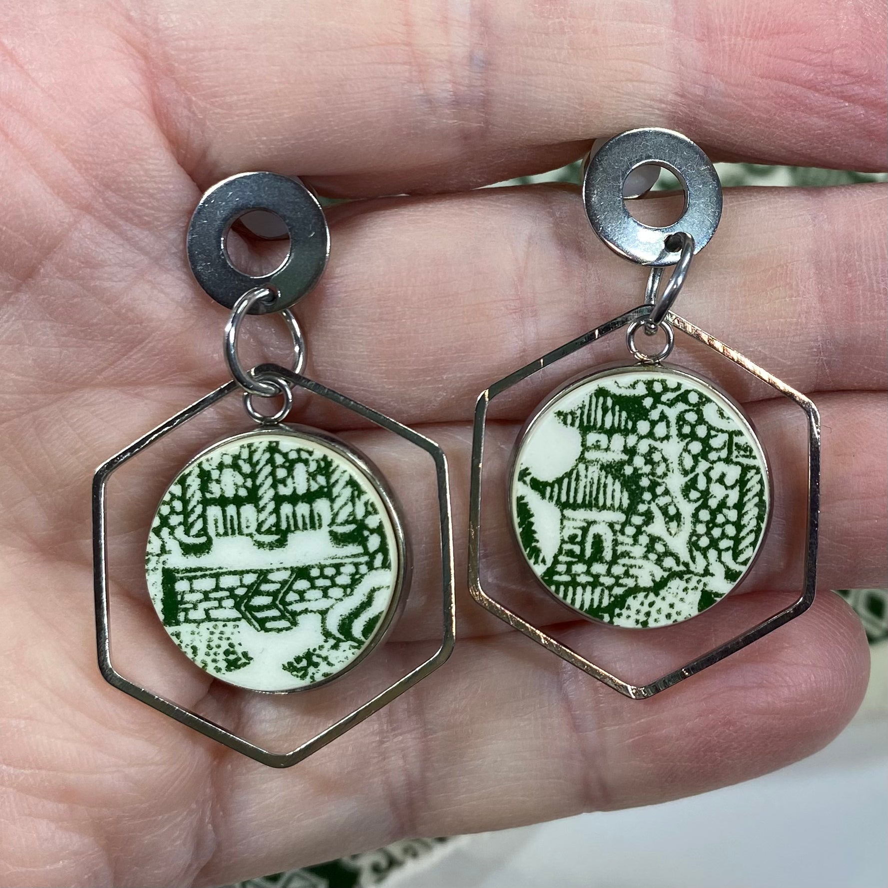 Green Willow Ware by Royal China Stud Dangly Earrings Silver