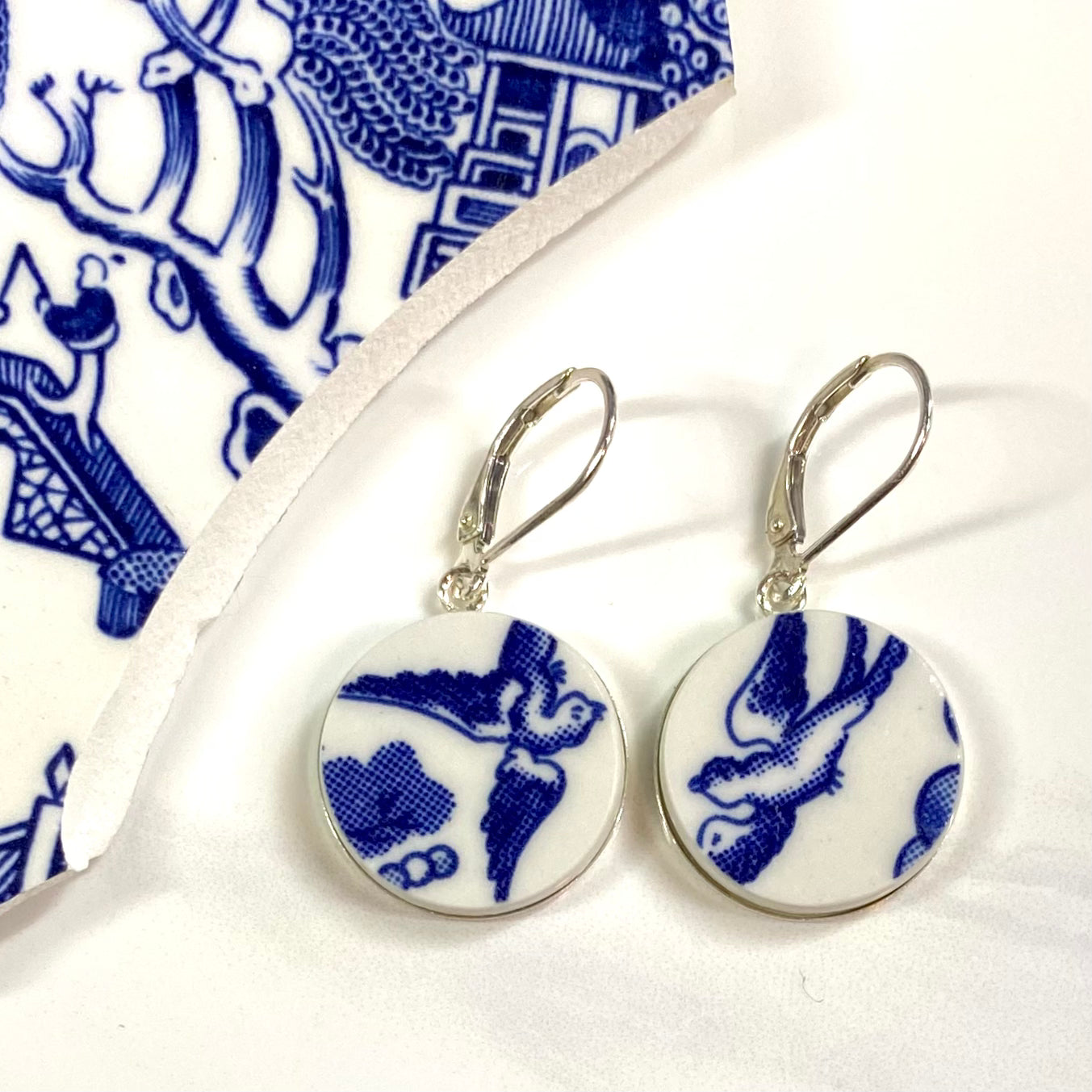 Sterling Silver 1990’s Johnson Bros Blue Willow Dangly Earrings Leverback