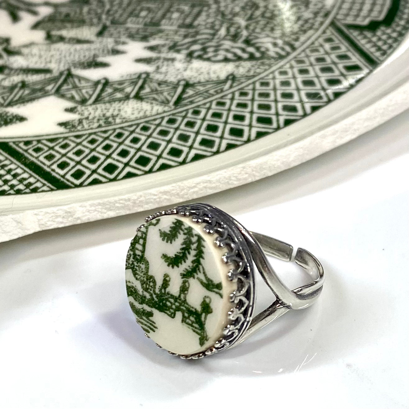 Sterling Silver Green Willow Ware by Royal China Adjustable Ring