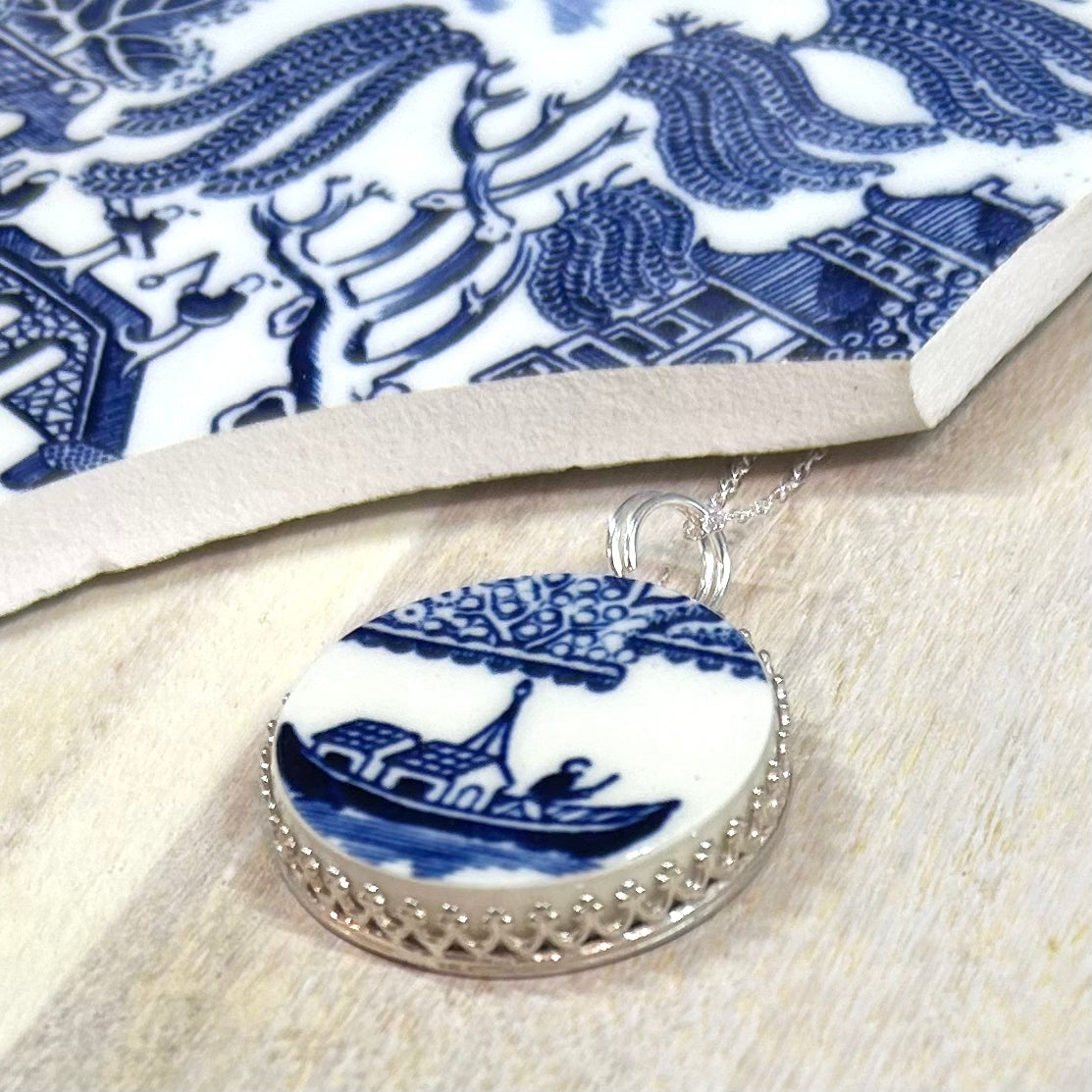 Sterling Silver 1960/70’s Churchill Blue Willow Pendant Necklace