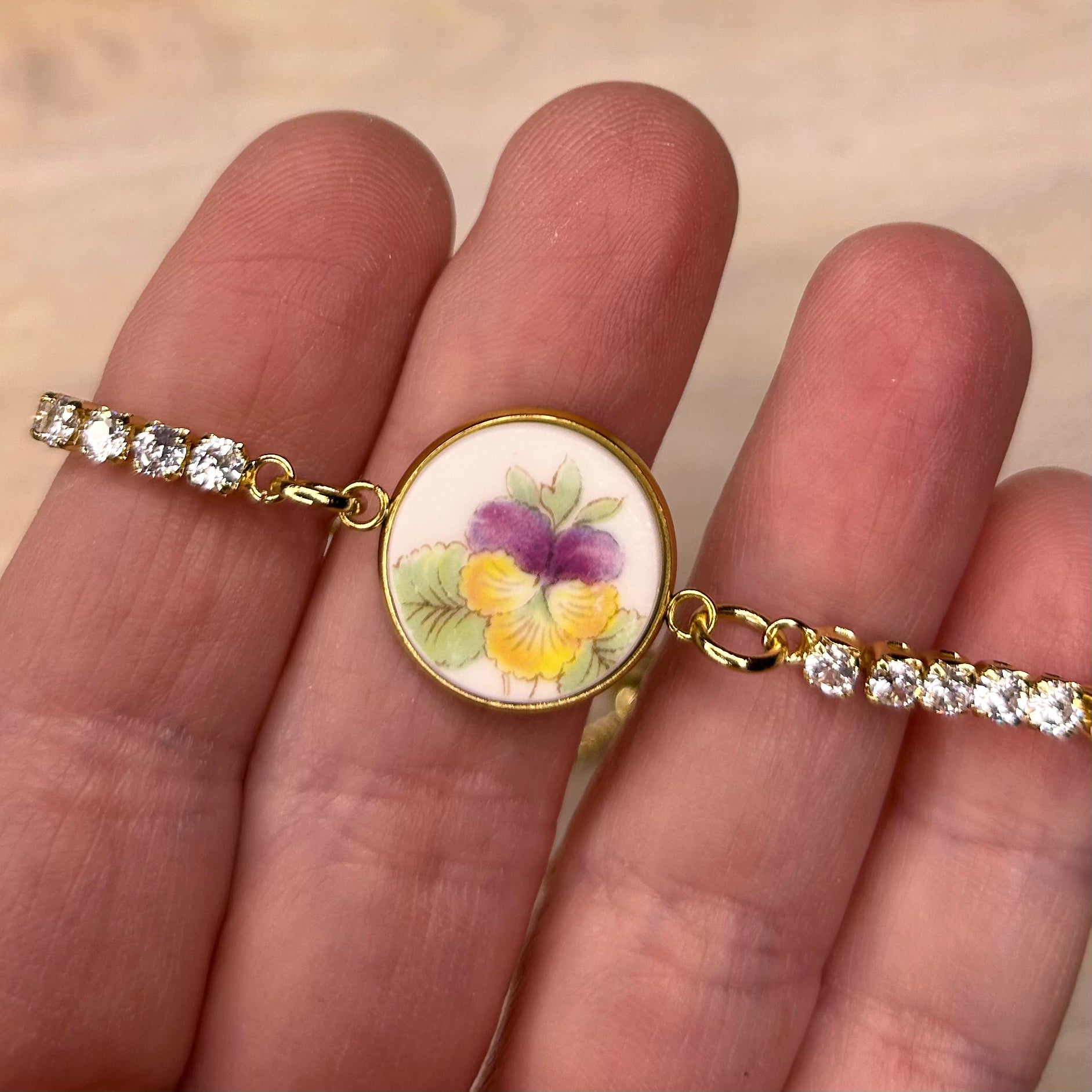 1945-66 Shelley Rose, Pansy, Forget-me-not CZ Bracelet