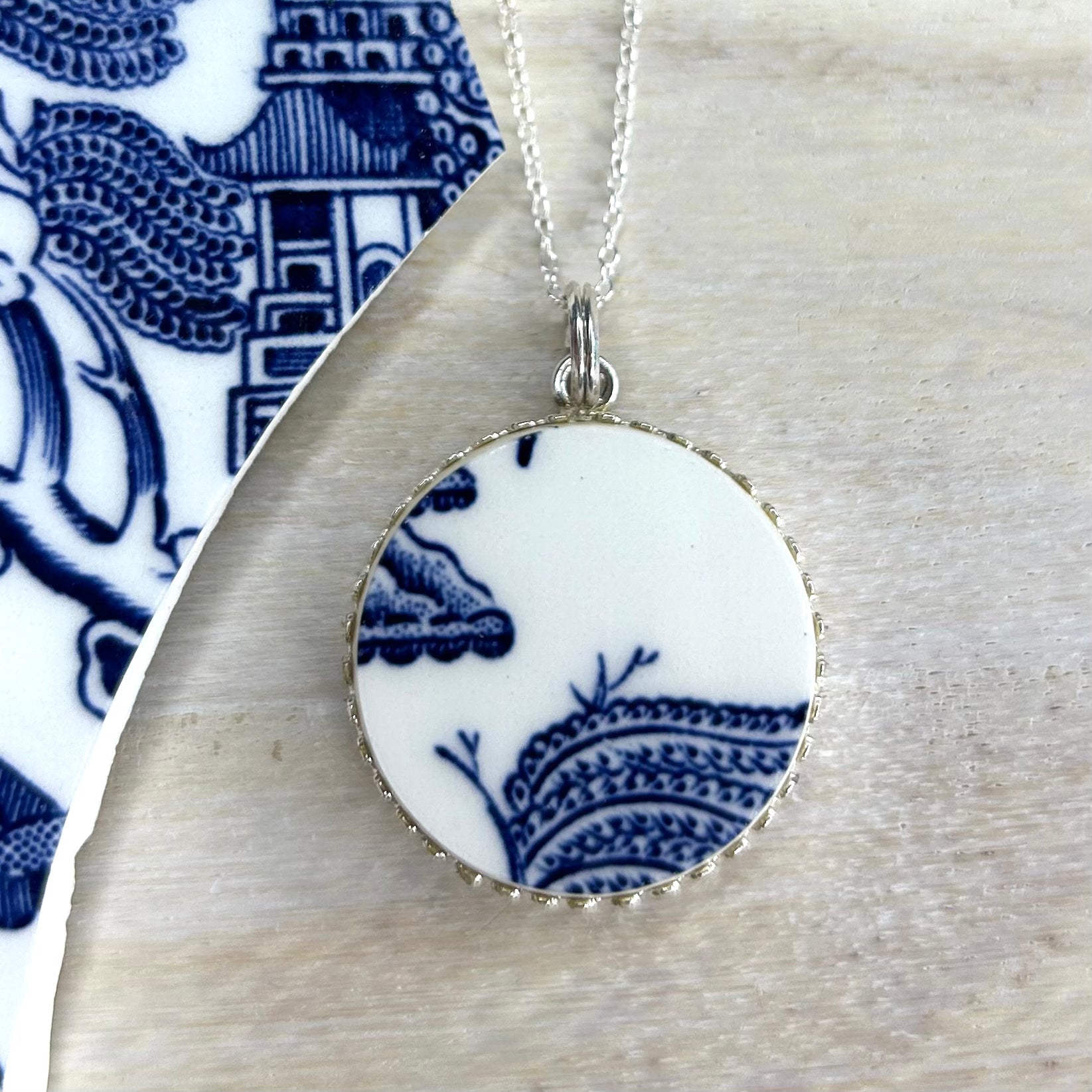 Sterling Silver 1960/70’s Blue Willow Pendant Necklace