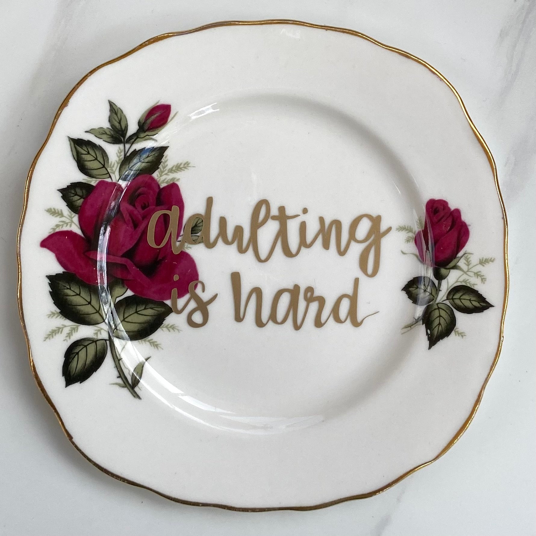 ‘Adulting is hard’ quote on plate