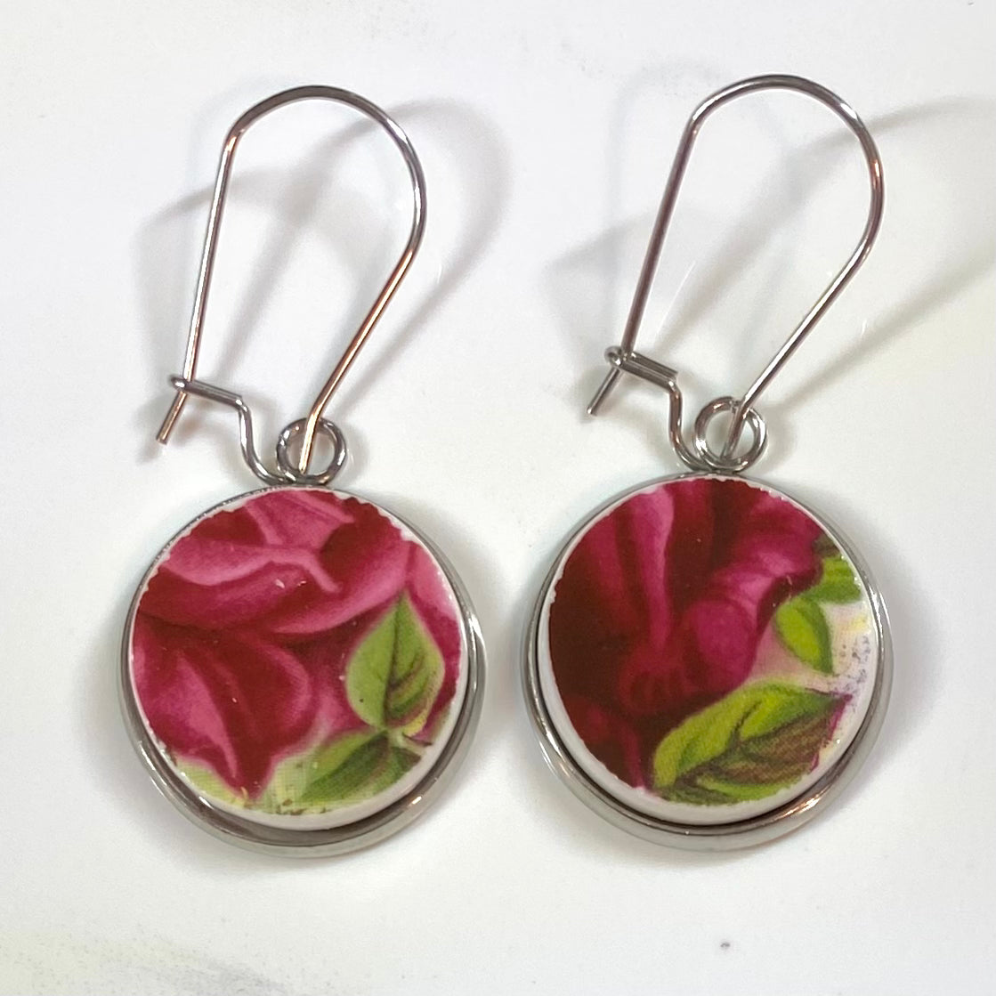 1962 Royal Albert Old Country Roses Leverback Huggies Dangly Earrings SM