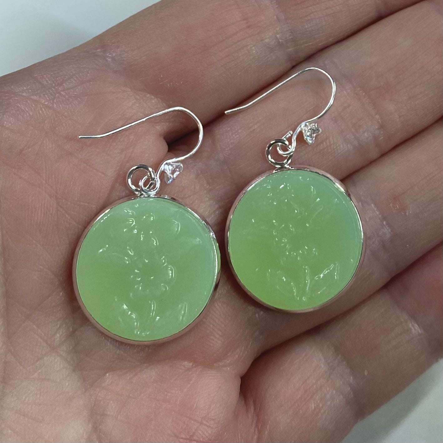 Sterling Silver Hooks 1940’s Fire King ‘Jadeite’ Dangly Earrings CZ