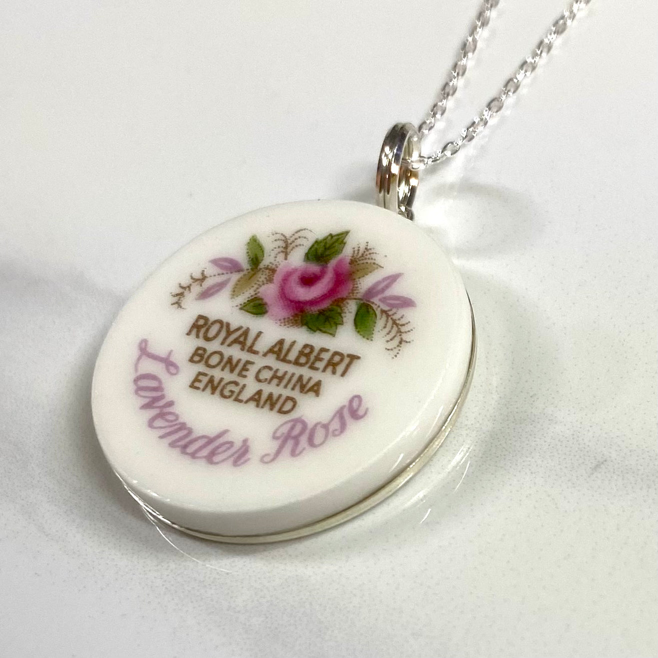 1961 Sterling Silver Royal Albert ‘Lavender Rose’ Pendant Necklace