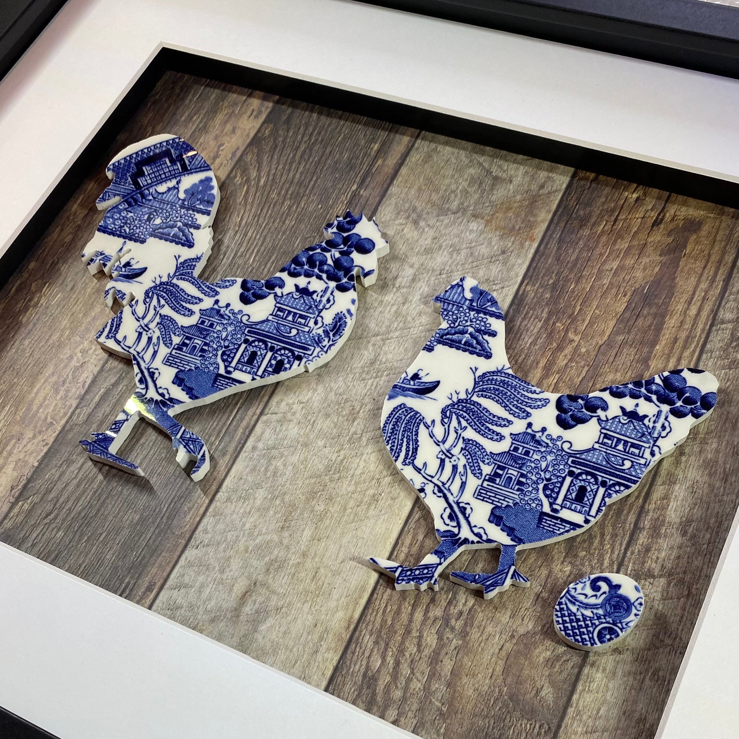 Framed Blue Willow Rooster and Hen