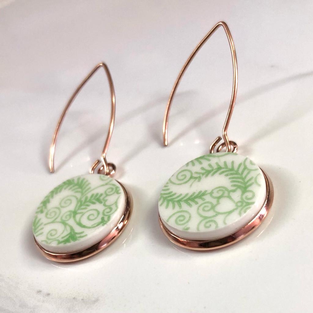 1920’s Bell China Dangly Earrings Rose Gold