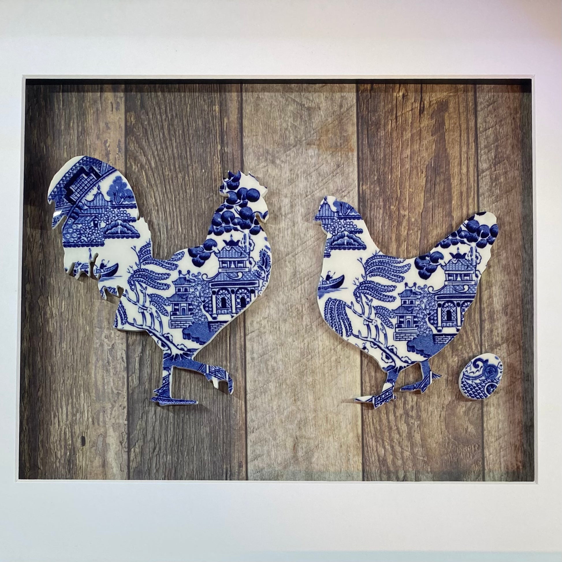 Framed Blue Willow Rooster and Hen