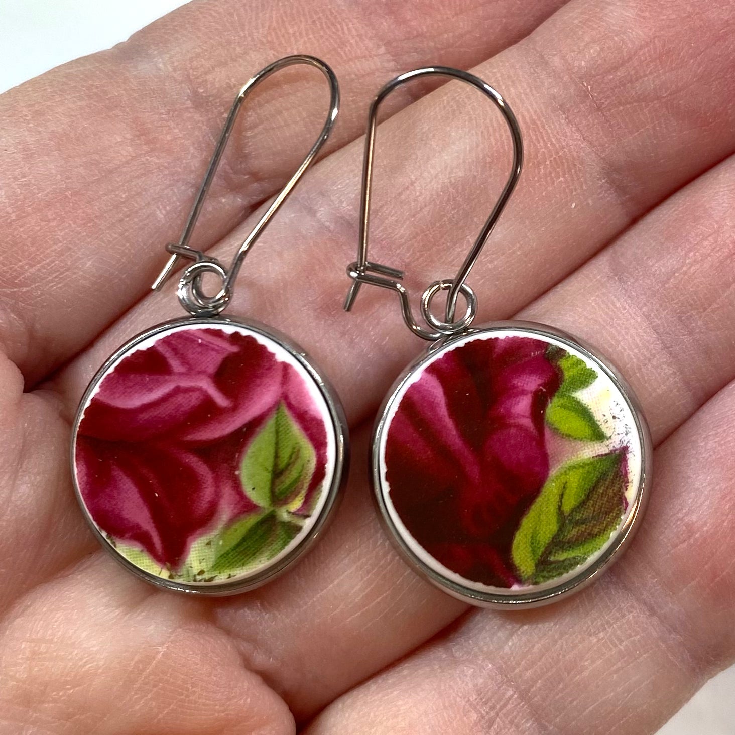 1962 Royal Albert Old Country Roses Leverback Huggies Dangly Earrings SM