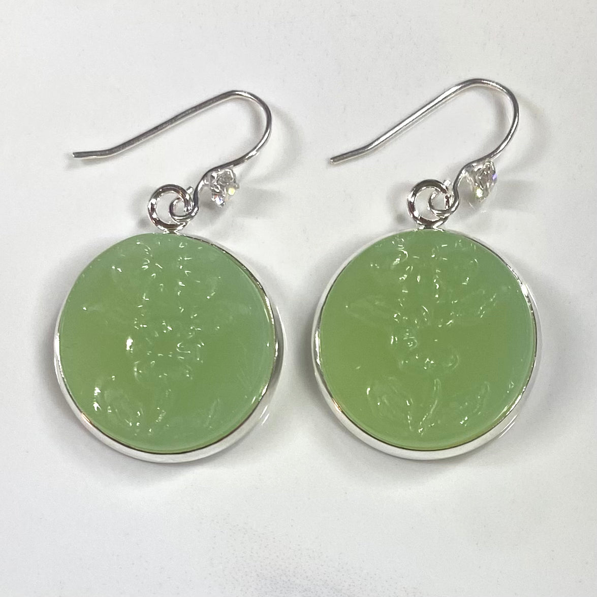 Sterling Silver Hooks 1940’s Fire King ‘Jadeite’ Dangly Earrings CZ