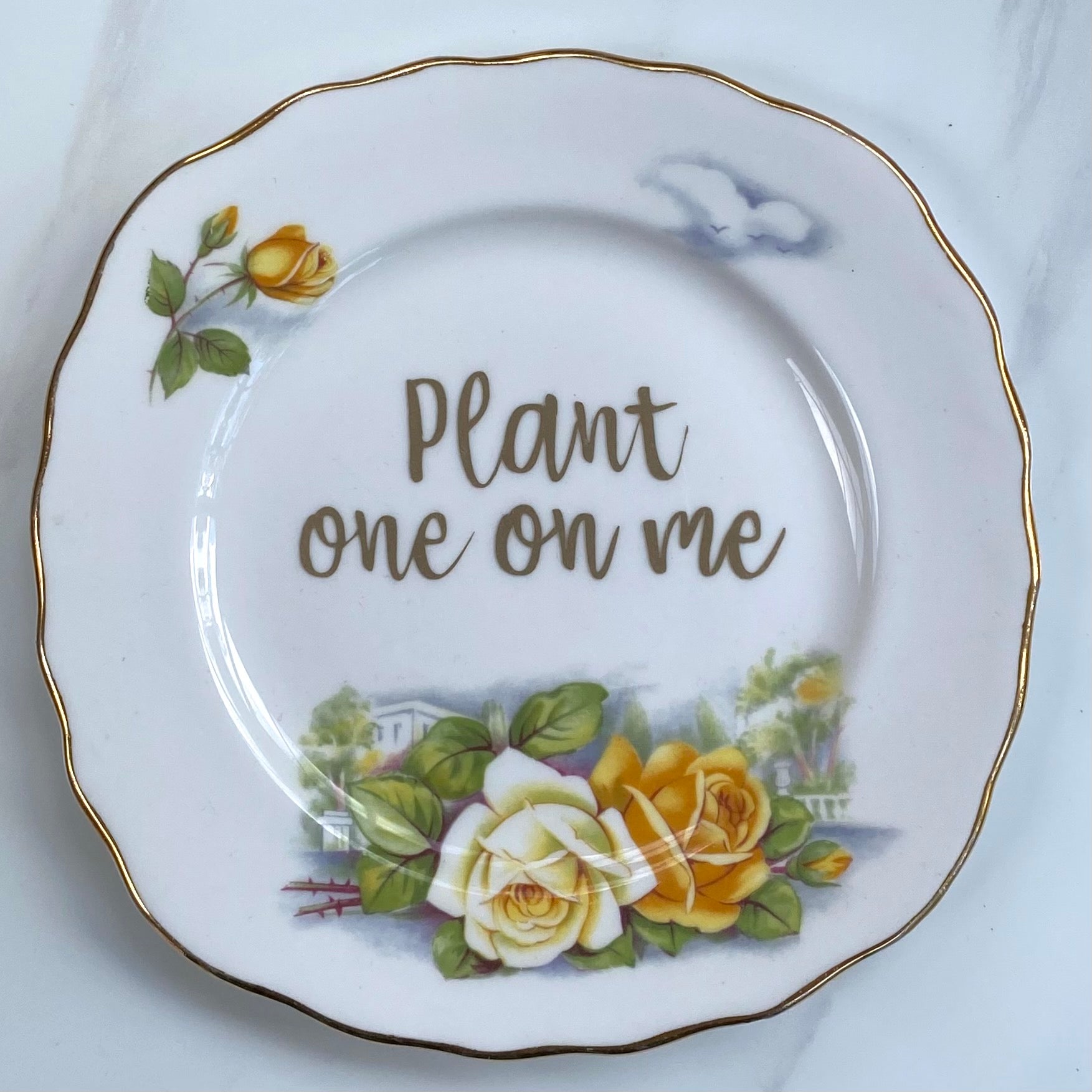 ‘Plant one on me’ quote on plate