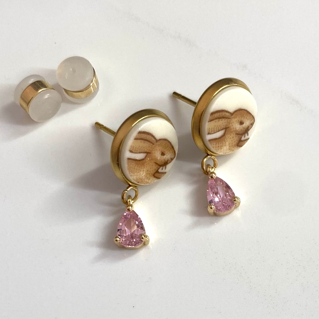 Bunnykins by Royal Doulton Stud Dangly Earrings Yellow Gold CZ