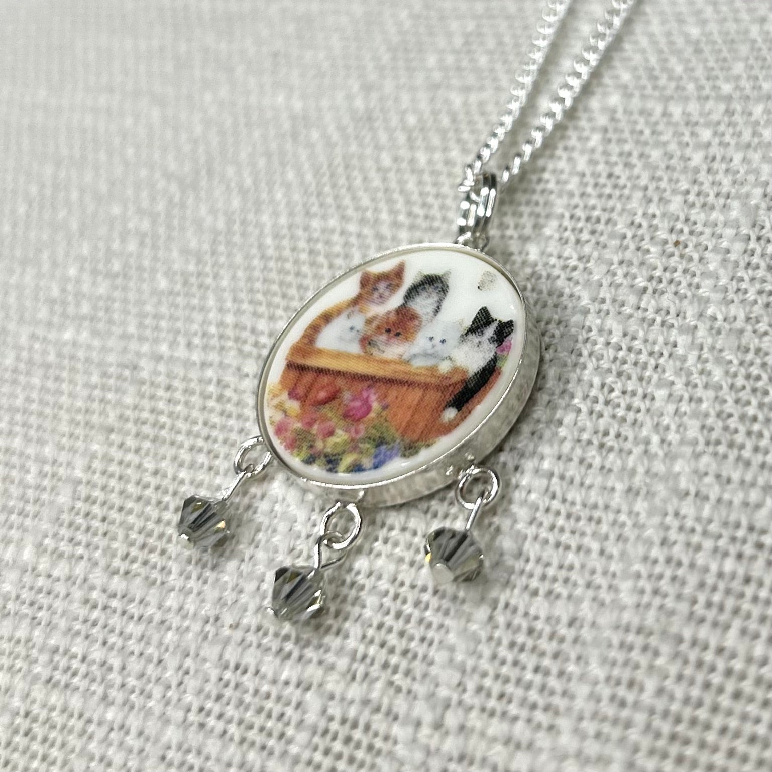 Sterling Silver Cat Pendant Necklace Swarovski Crystals